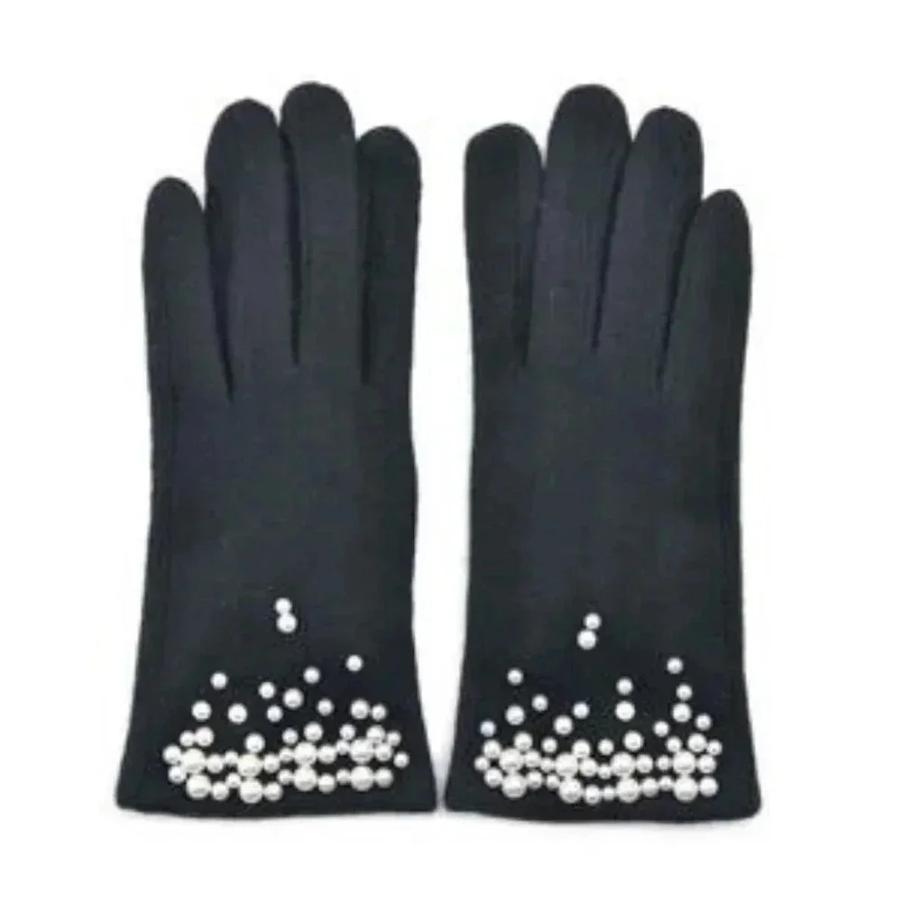 Black Cashmere blend Warm Gloves with Plastic Pearl Equipped Touch Screen